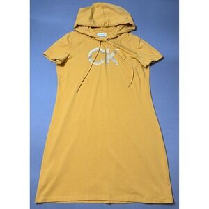 Calvin Klein Womens Hooded T Shirt Dress Yellow CK Logo Rhinestone Size Large